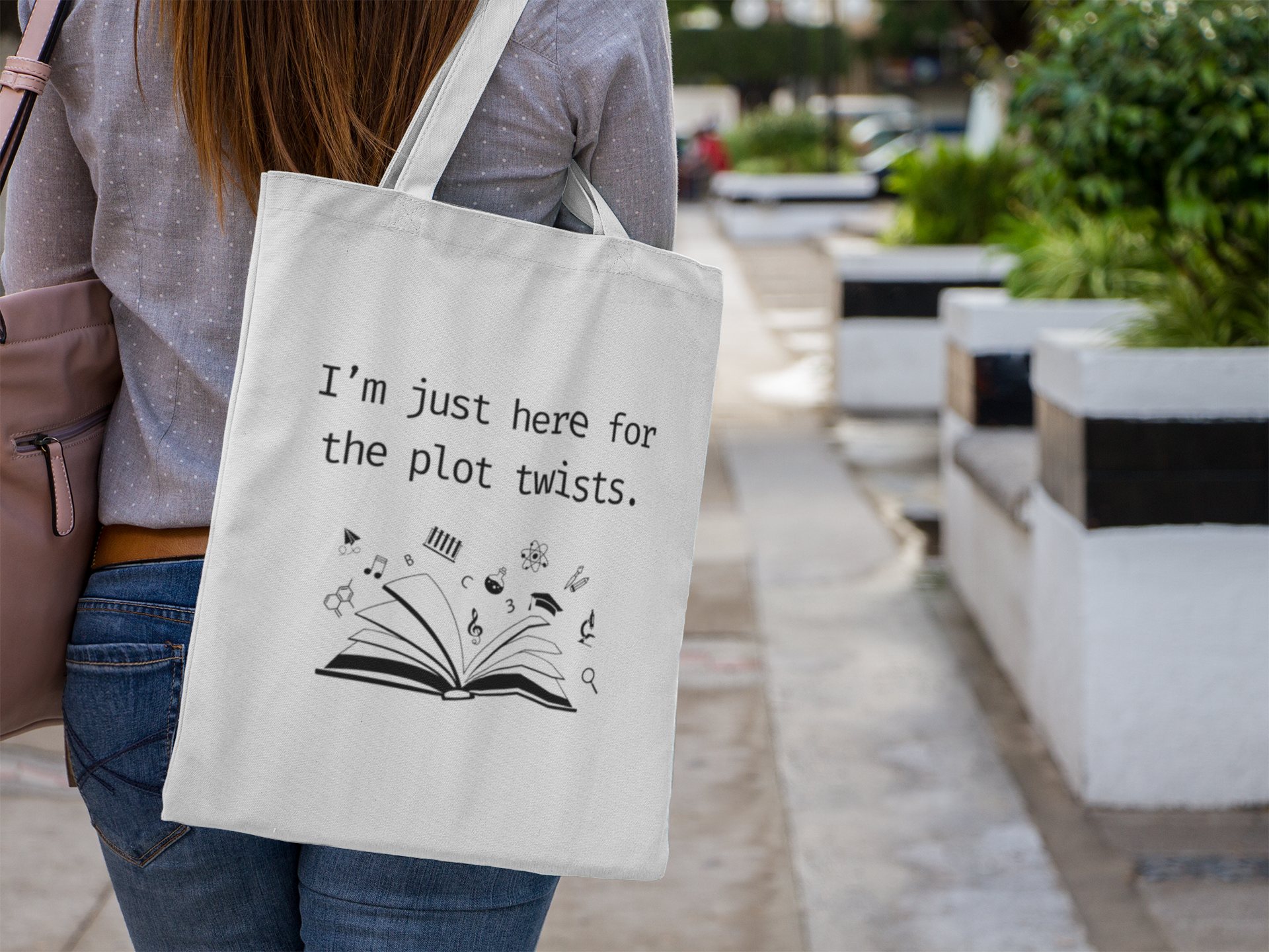 "Plot Twists" Book Lovers Tote Bag – Literary Quote Bag for Writers & Readers